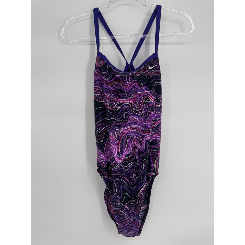 Nike Womens Purple Pink Swirl Abstract One Piece Swimsuit Crossback Sz 40 XL